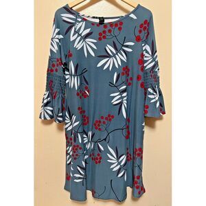 Agnes & Dora‎ Blue Red Floral Berry Stretch Midi Dress TunicPo Ruffle Sleeves M